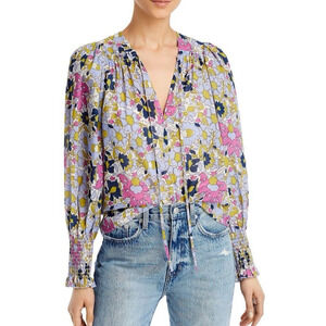 Rebecca Taylor Floral Puff Sleeve Blouse XS NWT Multi V Neck Front Tie Top